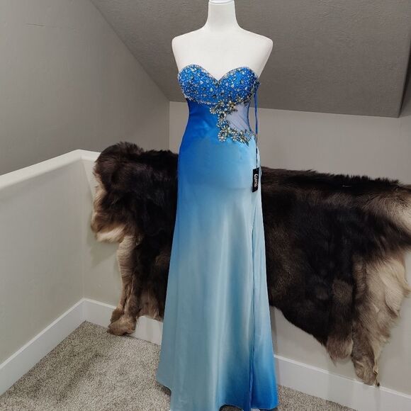 Stunning Blue Gradient Satin Beaded Strapless Evening Dress - Picture 1 of 13